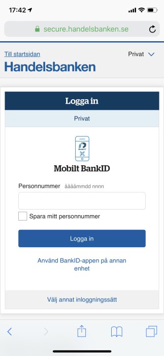 Skärmdump av Handelsbankens inloggningssida med fält för att ange personnummer för Mobilt BankID.