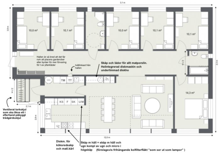 Arkitekturritning av enplanshus med detaljerad planlösning, inklusive sovrum och vardagsrum.