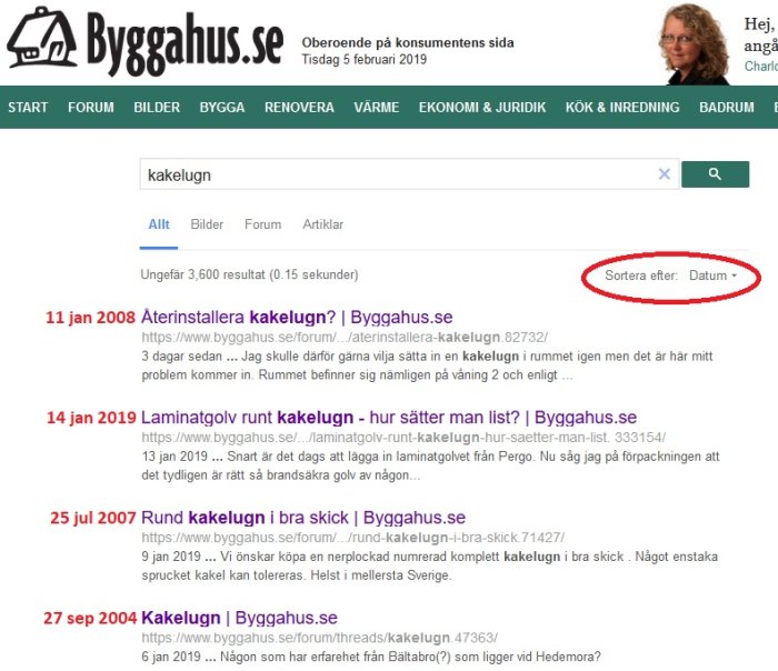 Skärmdump av sökresultat på forum med markeringar på när trådarna skapades och avvikande datum som visas.
