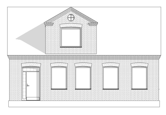 ArchiCAD-ritning av husfasad med dörr och fönster, 3D-vy, fasadens geometri diskuteras.