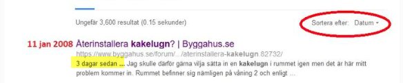 Skärmdump av sökresultat med felaktig tidstämpel vid datumsortering.