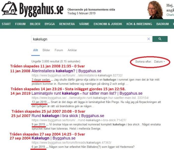 Skärmklipp av sökresultatsida på Byggahus.se med markerad drop-down meny för sortering efter datum.