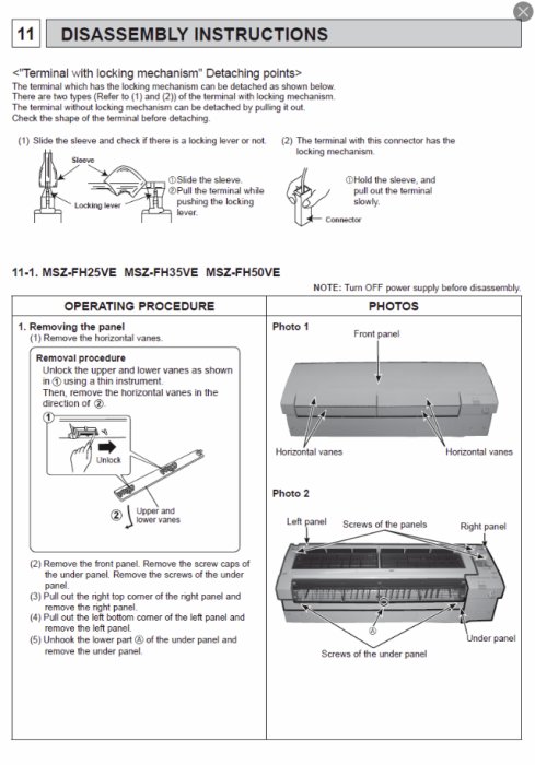 Instruktionsdiagram och foton över hur man demonterar front- och sidopaneler på en luftvärmepump.