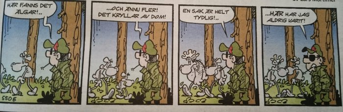 Tecknad serie med en karaktär i militärklädsel som överraskas av flera algar i skogen.