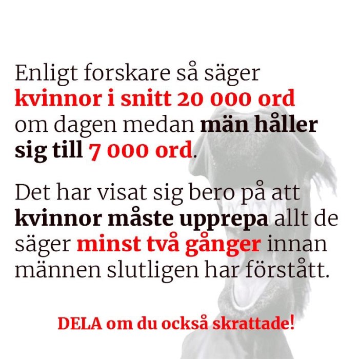 Meme med text som påstår att kvinnor säger fler ord per dag än män och måste upprepa sig för att bli förstådda.