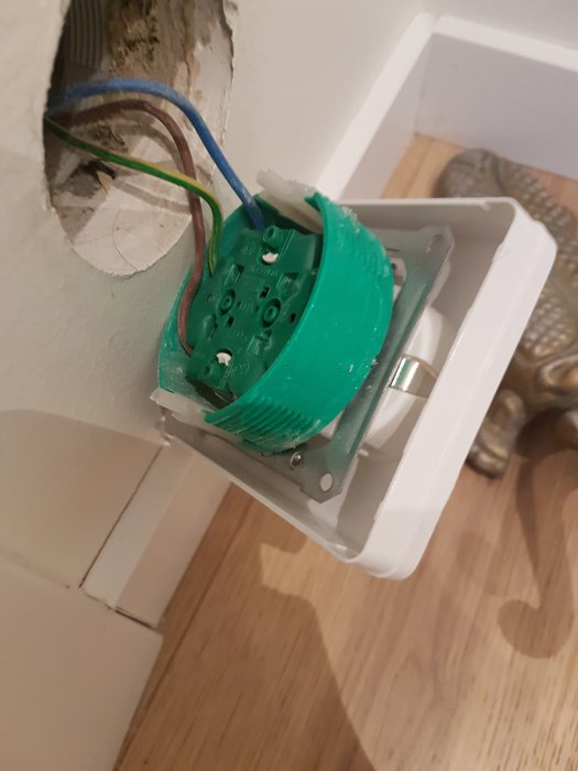 Lös vägguttag ur sitt fäste med synliga kablar och klorna som inte går att lossa.