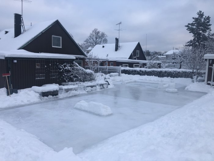 Hemmagjord skridskobana på 90 kvm med slät is, omgiven av snöhögar, i en snöig trädgård.