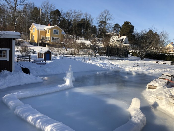 Hemmagjord skridskobana på 90 kvm med klar is och snövallar, omgiven av snötäckta trädgårdar och hus.