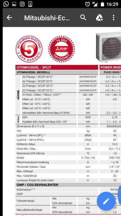 Skärmdump av en värmepumps specifikation från Mitsubishi Electric med garantimärkning och tekniska data.