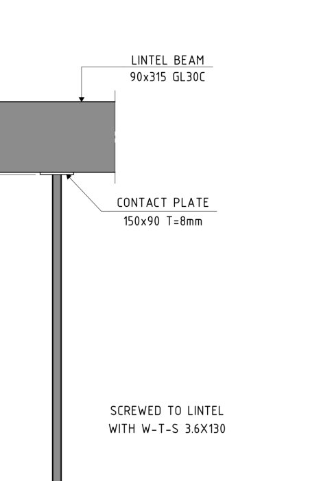 Konstruktionsritning som visar länkbalk och kontaktplatta med beteckningen för skruvförband, WT-S 3.6x130.