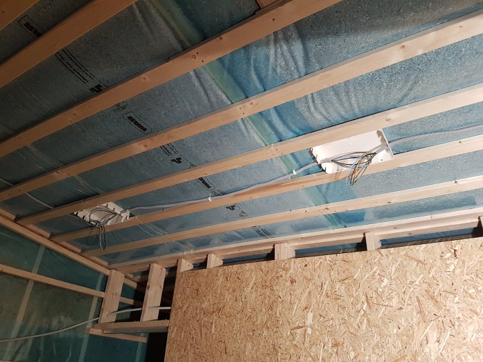 Installation av downlights och kabeldragning i ett träregelverk med isolering och OSB-skivor.