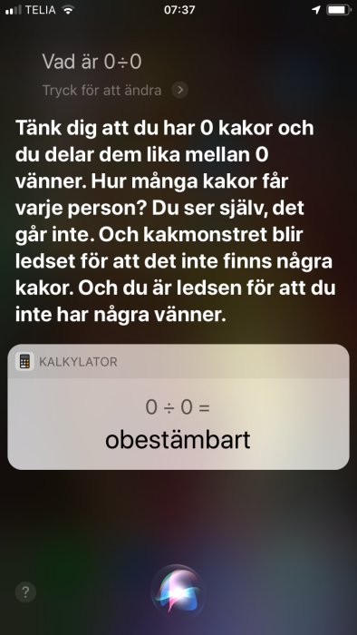 Skärmbild av en smartphone-kalkylator med division 0 delat med 0 som visar resultatet "obestämbar".