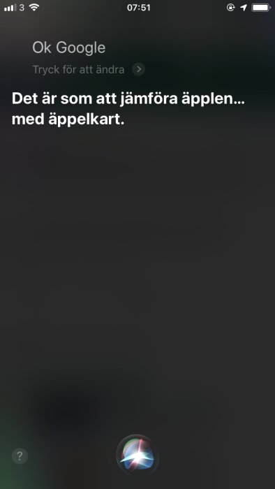 Skärmdump av en telefon med röstassistent aktiverad och texten "Det är som att jämföra äpplen... med äppelkärn.