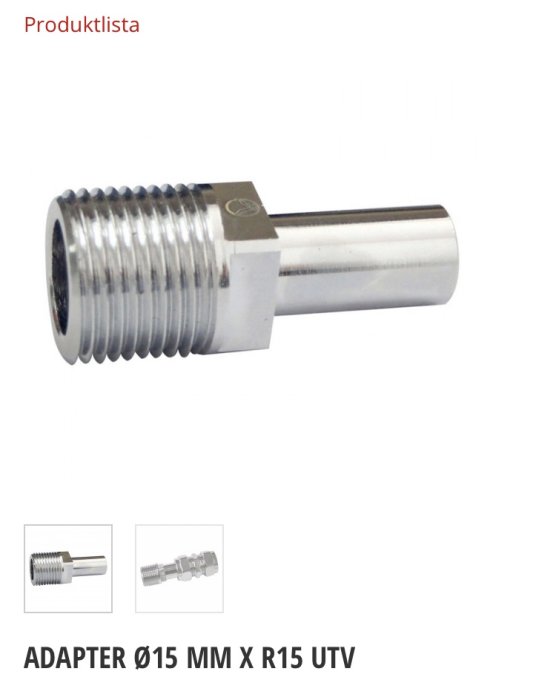 Adapter med 15 mm yttre diameter och R15 utvändig gänga för toalettanslutning.
