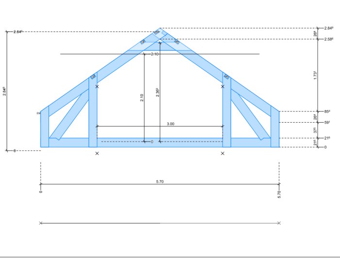 Teknisk ritning av förhöjd takstol med dimensioner för byggprojekt i bevarandeområde.