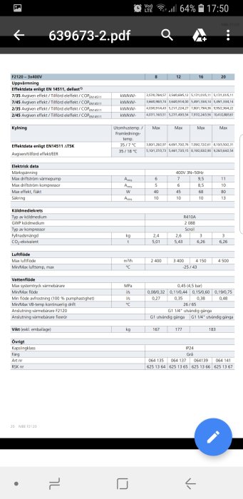 Skärmbild av teknisk specifikation för värmepump, inkluderar effektdatatabeller och enhetsinformation.