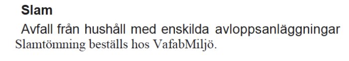 Text från dokument som beskriver slamhantering, hushållsavfall och slam tömning hos VafabMiljö.