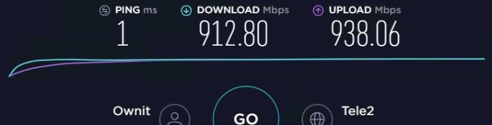Internet hastighetstest visar ping på 1 ms, nedladdning på 912.80 Mbps och uppladdning på 938.06 Mbps.