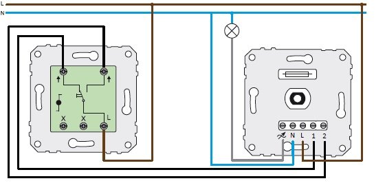 Elektriskt kopplingsschema som visar anslutningar mellan en trappströmbrytare och en gammal dimmer.