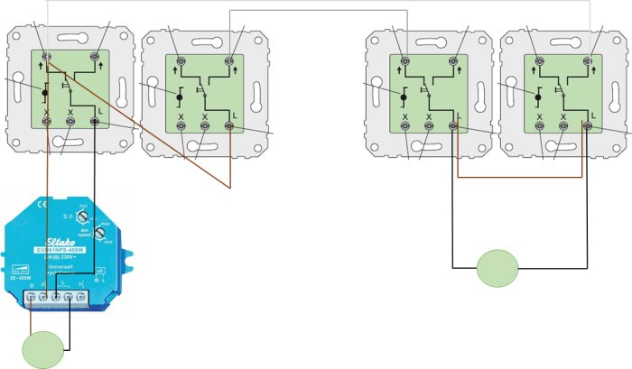Skematisk ritning över elinstallation med dimmer och flera trappbrytare i ett vardagsrum.