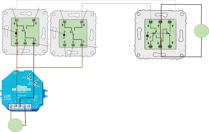 Elektriskt schema som visar anslutning av två trappbrytare och en dimmer för vardagsrumsbelysning.