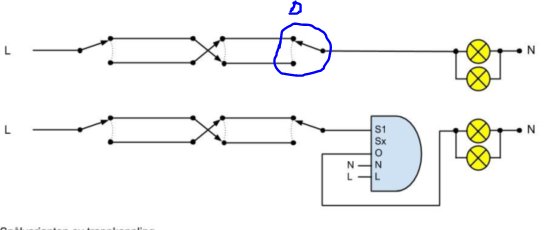 Schematisk illustration av en elektrisk krets med traditionella trappbrytare, inringat område i blått och modern Plejd puck.