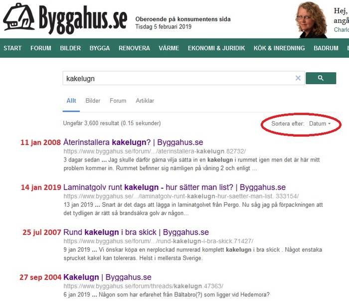 Skärmdump av en webbsida för byggforum med öppen sökning för "kakelugn" och en sorteringsfunktion markerad.