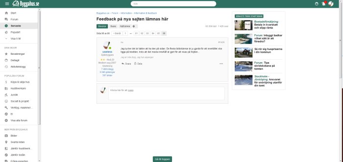 Skärmdump av diskussionsforum på Byggahus.se med en användares kommentar om layoutpreferenser.
