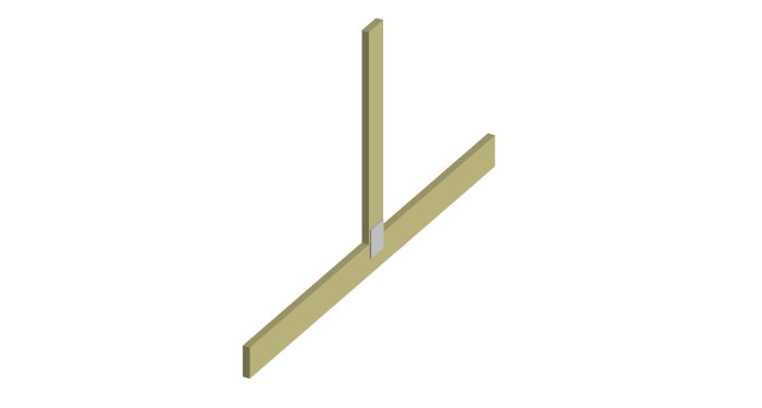 3D-illustration av en träbjälke fäst vid en stolpe med ett skarvjärn.
