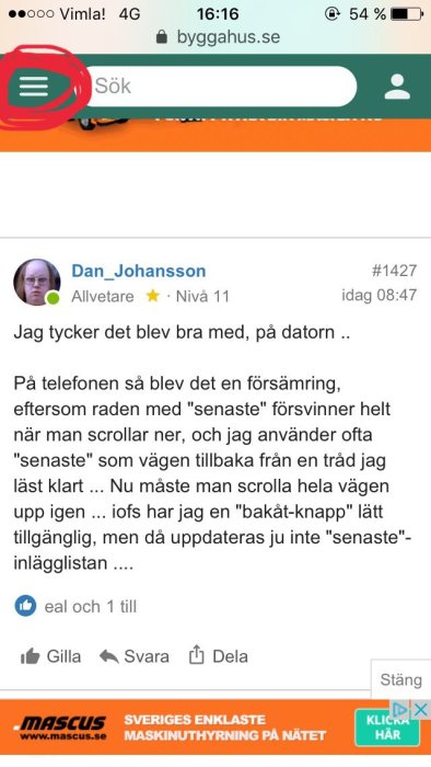 Skärmdump av byggforum där en användare diskuterar navigering och menyåtkomst på mobil.