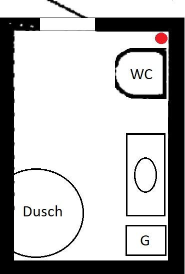 Ritning av badrum med markerat frånluftsdon nära WC, tidigare självdragsplats, samt dusch och golvbrunn.