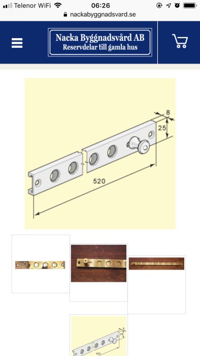 Teknisk ritning av en ventilationsrist med rundade öppningar för väggmontering som kräver borrade hål.