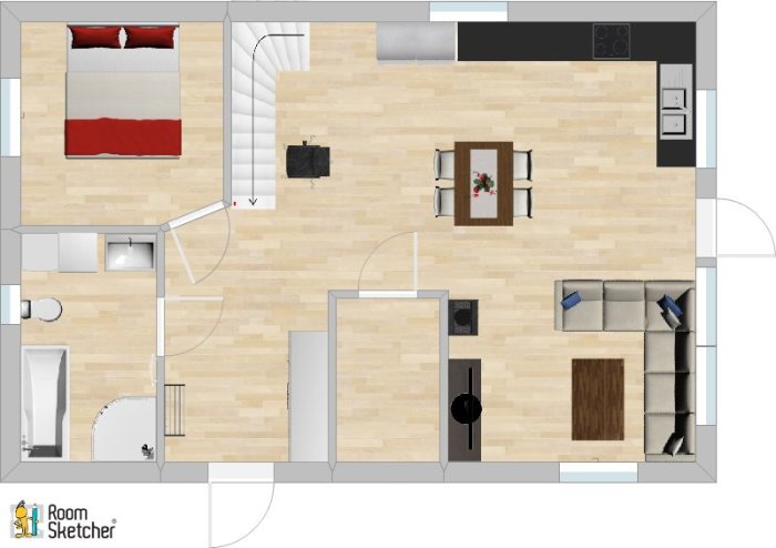 Skiss av planlösning för ett 1,5-plans hus med sovrum, kök, vardagsrum och trappa på bottenvåningen.