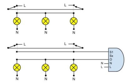 El-schema över en traditionell strömbrytare jämfört med en Plejd-ansluten strömbrytare.