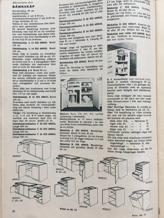 Sida ur katalog visar olika modeller av köksskåp och bänkskåp med beskrivande text och artikelnummer.