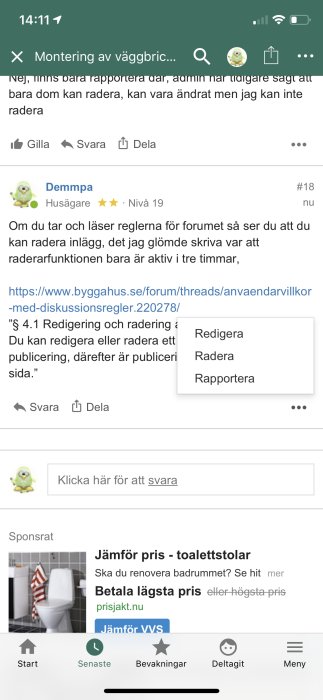 Skärmdump av ett foruminlägg om radering av inlägg inom tre timmar med länk till användarvillkor.