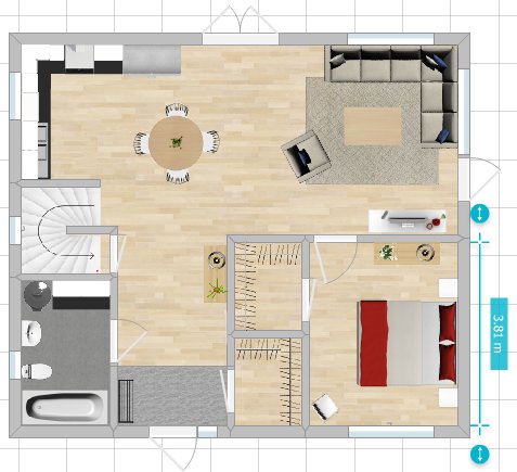3D-planritning av en lägenhet med möbler som visar sovrum, badrum, kök och vardagsrum.