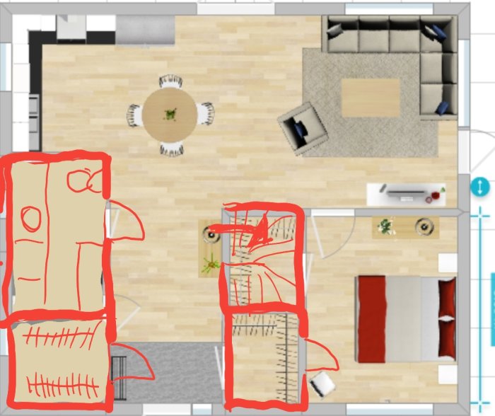 Översiktsplan av en lägenhet med förslag till omplacering av trappan markerat med rött.
