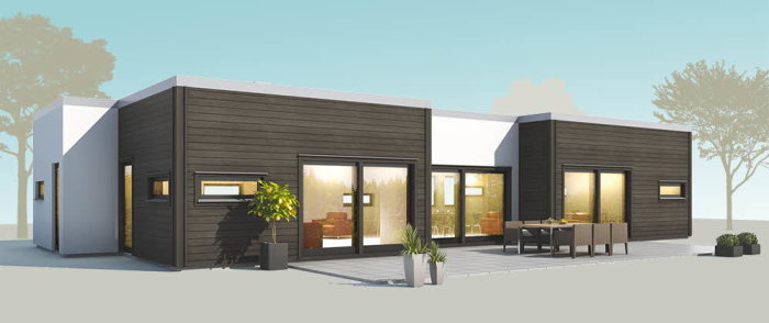 Datorgenererad bild av en enplansvilla "Åhus" modell med svart träfasad och stora fönster.
