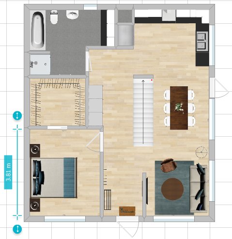 Översiktsplan av ett hus med långsidan mot utsikten, innehåller kök, vardagsrum och matplats.