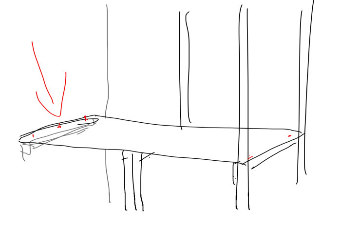 Förenklad skiss som visar hyllor skruvade mot en väggkonstruktion med måttmarkeringar och minimal väggkontakt.