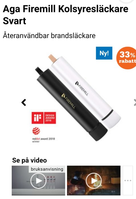 Återanvändbar kolsyresläckare Firemill i svart färg, Design Award- och Red Dot-vinnare, med rabattext.