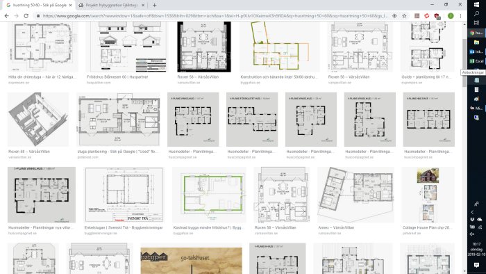 Skärmdump av sökresultat med olika husritningar och planlösningar från webben.