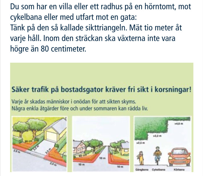 Illustration av sikttriangel vid hörntomt med måttangivelser och exempel på vegetation.