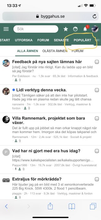 Skärmdump av ett diskussionsforum med markerad navigeringsflik "Populärt" trots att användaren är i kategorin "Deltagit".