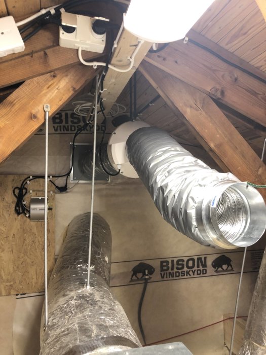 Ventilationssystem och isoleringsmaterial på ett vindsvåningsbygge.