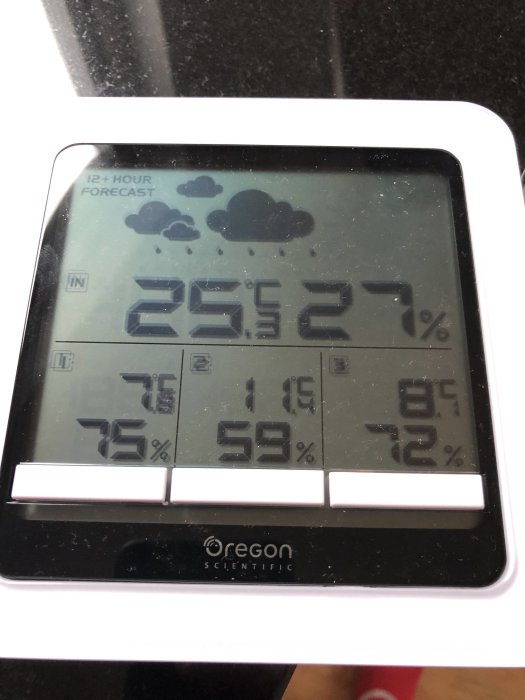 Hygrometer som visar temperatur och luftfuktighet inomhus och utomhus.