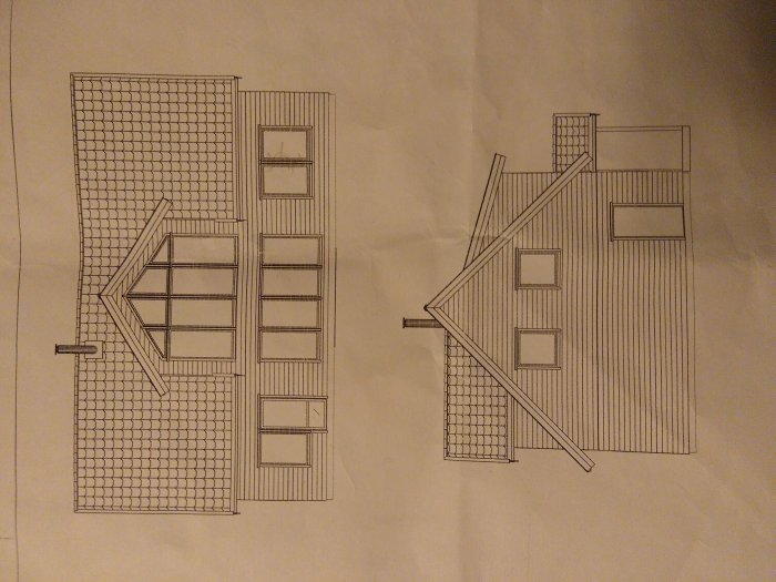 Svartvit skiss av övre och nedre plan för ett 1,5-planshus med måttsatt planlösning.