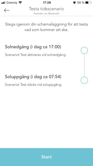 Skärmavbild av en app för hemautomation visar en testfunktion för tidsbaserade händelser vid solnedgång och soluppgång.