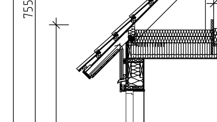Sektion av hus med teknisk ritning som visar montering av takreglar för uterum.
